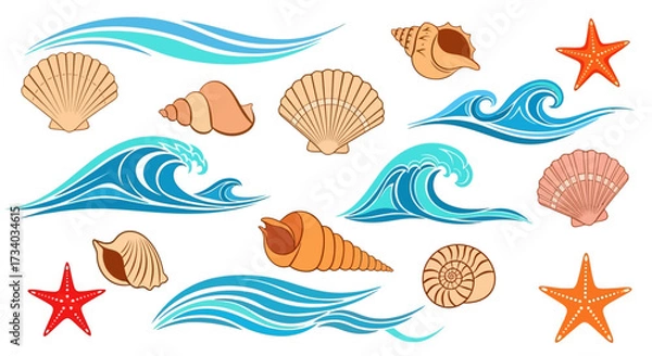 Fototapeta Summer beach elements collection with seashells starfish and waves illustration graphic
