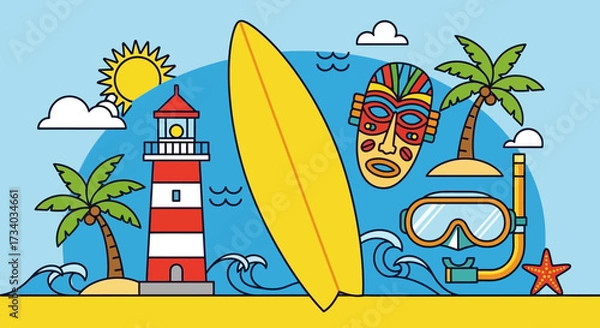 Fototapeta Tropical Paradise Vector Illustration with Lighthouse Surfboard and Tiki Mask Summertime Fun