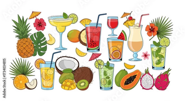 Fototapeta Colorful Assortment of Tropical Fruit Drinks and Exotic Fruits on a White Background