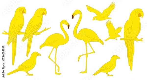 Fototapeta Stylized yellow bird collection featuring parrots flamingos and birds in flight vibrant artwork