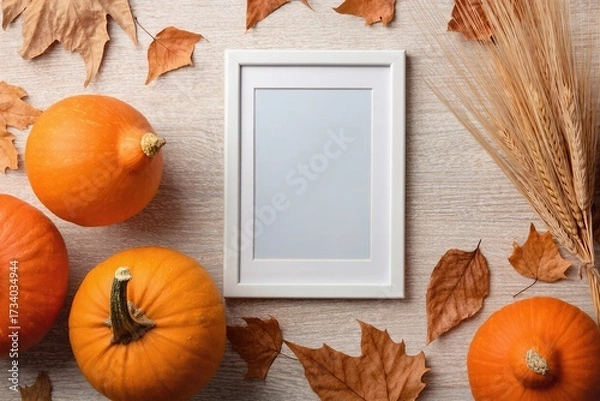 Fototapeta A beautiful autumn arrangement with vibrant pumpkins, colorful leaves, and an elegant frame on a rustic background
