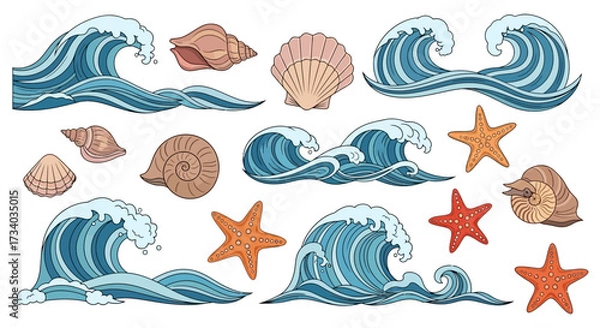 Fototapeta Hand-drawn collection of waves seashells and starfish for summer vacation projects design