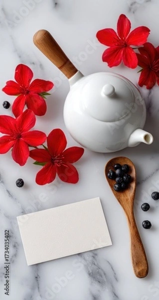 Fototapeta A white porcelain tea pot, red flowers, and a wooden spoon with berries sit atop a marble surface, with a blank business card in the center.