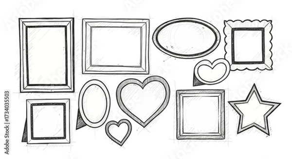 Fototapeta Collection of hand drawn picture frames in various shapes and sizes in sketch style