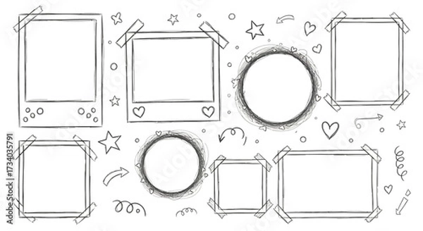 Fototapeta Set of hand drawn doodle photo frames collection with decoration vector illustration