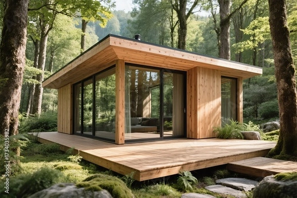 Fototapeta This modern cabin is nestled in a tranquil forest, blending elegance with the surrounding natural beauty