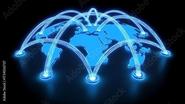 Fototapeta Glowing streams of light connecting a globe to a network of thriving businesses.