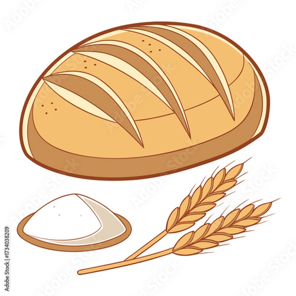 Obraz Fresh baked loaf lies near flour and wheat stalks on a transparent background