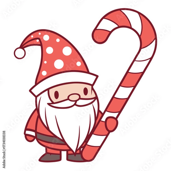 Obraz Cute cartoon Santa Claus holds a large red and white candy cane, isolated