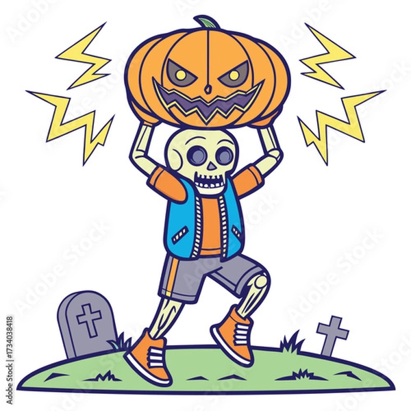 Obraz Energetic cartoon skeleton running through cemetery holding glowing pumpkin above him amidst crackling lightning bolts