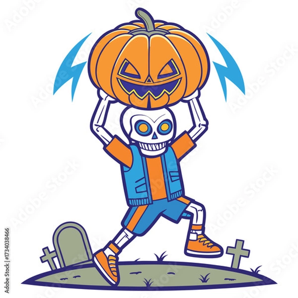 Obraz Cartoon skeleton with vest lifts orange pumpkin above head in a graveyard scene