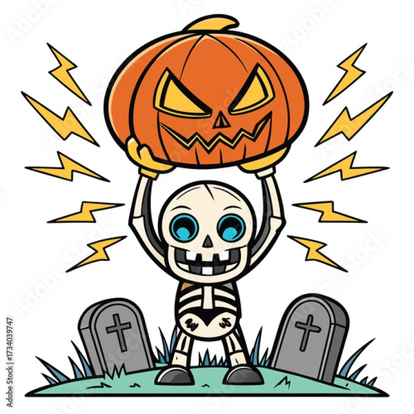 Obraz Happy cartoon skeleton powerfully lifts orange jackolantern amidst yellow lightning bolts in graveyard
