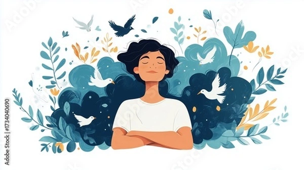 Fototapeta Calm individual practicing deep breathing exercises surrounded by swirling clouds and doves. Flat illustration.