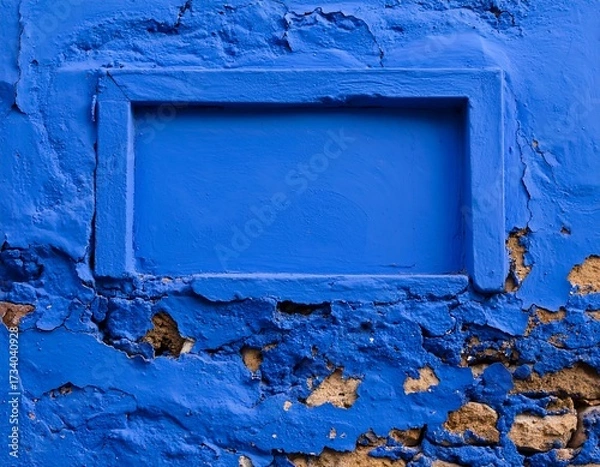 Fototapeta Weathered blue wall with recessed rectangular panel