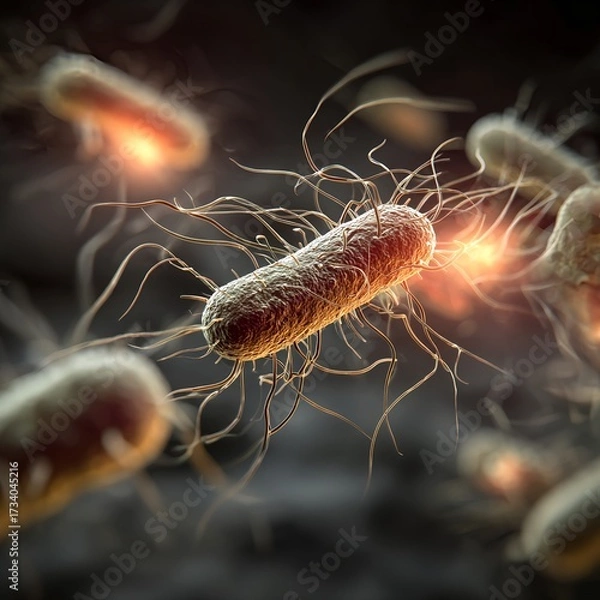Fototapeta Close-up of rod-shaped bacteria with flagella, realistic scientific visualization of microbes and pathogens for biology, medical science, infection research, and microbiology studies.