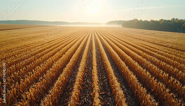 Fototapeta Minimalist Aerial View: Post-Harvest Corn Stubble Field under Hazy Afternoon Sun