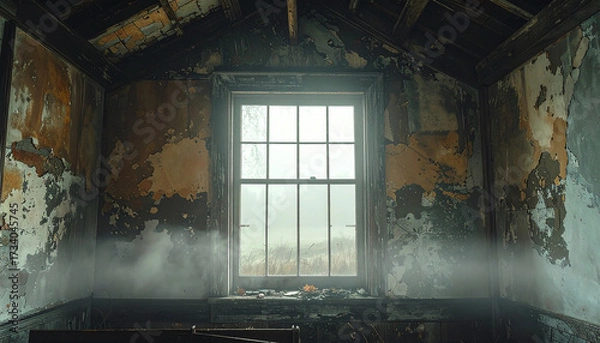 Fototapeta Gothic New England Meetinghouse in Dense Fog: Solitary Light in a Stained-Glass Window