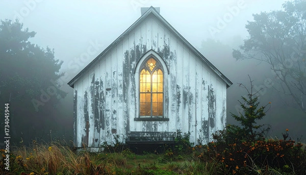 Fototapeta Gothic New England Meetinghouse in Dense Fog: Solitary Light in a Stained-Glass Window