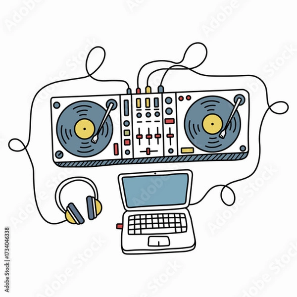 Obraz Dj gear, simple hand drawn doodle vector illustration, white background