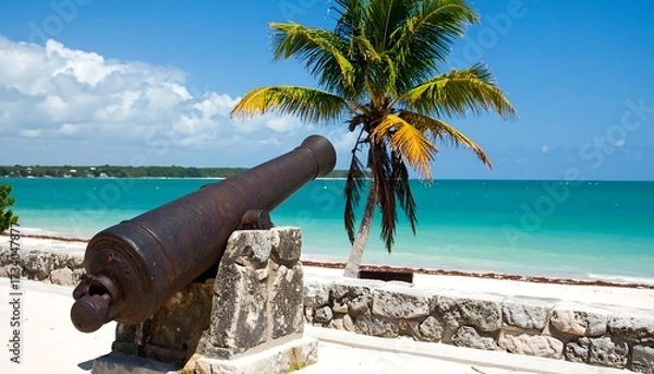 Fototapeta Weathered cannon rests on a stone mount overlooking a tropical beach with turquoise water and a palm tree