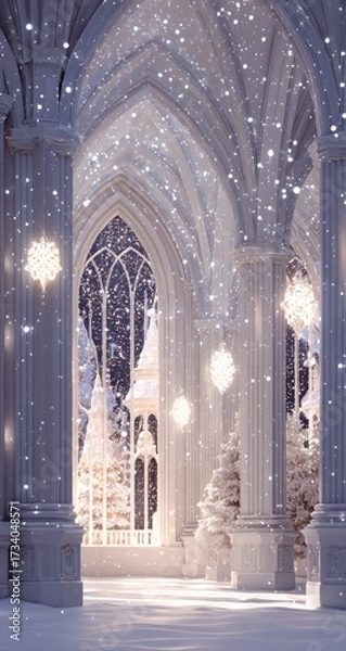Fototapeta A winter wonderland unfolds within a grand, snowy architectural space, bathed in soft light and adorned with twinkling decorations.