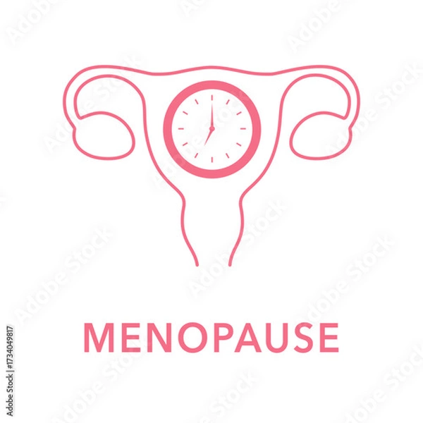 Fototapeta Menopause Icon. Simple line illustration of a uterus with clock representing menopausal transition and reproductive health.