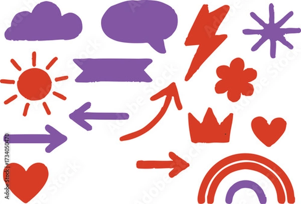Fototapeta Vector set hand drawn doodle icons with cloud, sun, heart, star and arrows on white background