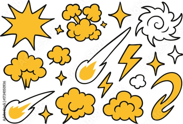 Fototapeta Cartoon Explosion Vector Set with Stars, Clouds, Lightning and Comet Effects