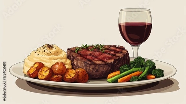 Fototapeta Gourmet steak dinner plated alongside truffle mashed potatoes, sauteed vegetables, and a glass of red wine.