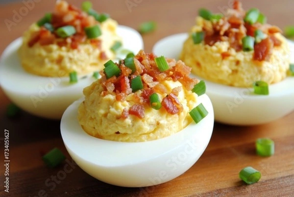 Fototapeta Three deviled eggs wooden surface are round have with Bacon