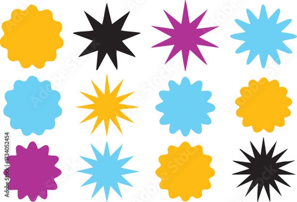 Fototapeta Collection vector set of colorful starburst and rosette symbols arranged in rows