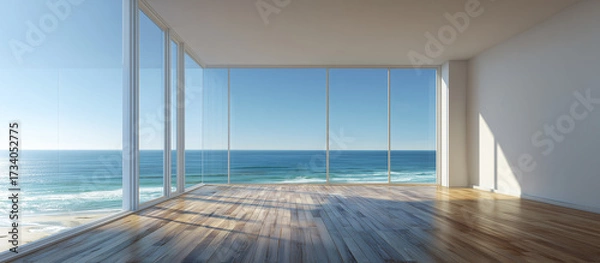 Obraz Modern minimalist empty room with glass windows overlooking the ocean, white walls and wooden floor, luxury beach house style