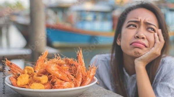 Fototapeta Young woman experiencing severe food allergy reaction with itching and redness after eating shrimp. Symptoms include rash, abdominal pain and breathing difficulty showing seafood allergy health risks