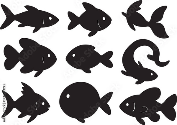 Fototapeta Fish Silhouette Vector Set of Nine Black Fish Icons on White Background