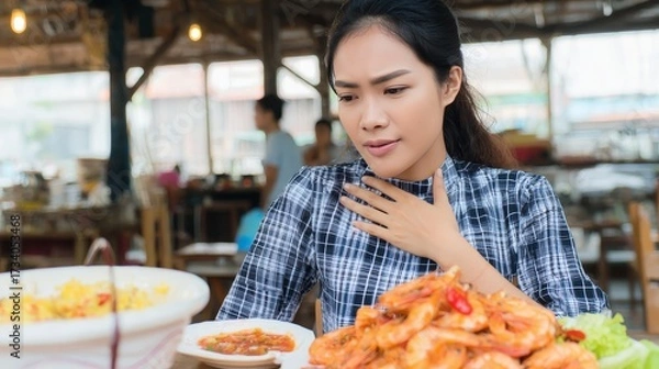 Fototapeta Young woman experiencing severe food allergy reaction with itching and redness after eating shrimp. Symptoms include rash, abdominal pain and breathing difficulty showing seafood allergy health risks