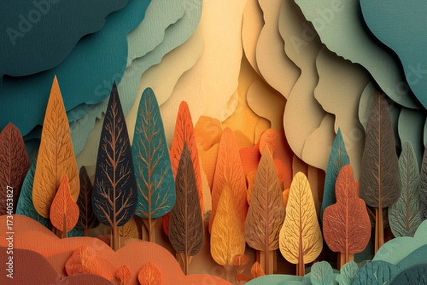 Obraz Abstract autumn forest layer papercut background. Serene landscape, beautiful nature background