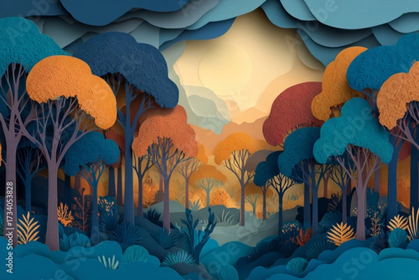 Obraz Abstract autumn forest layer papercut background. Serene landscape, beautiful nature background