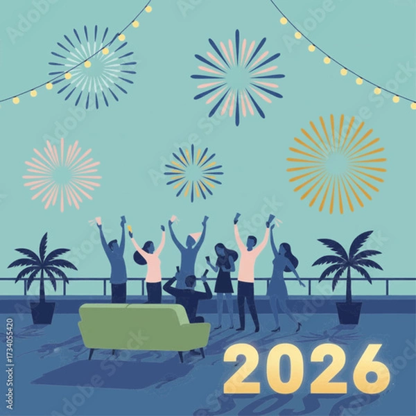 Fototapeta Clean modern flat vector scene of a rooftop New Year’s Eve party