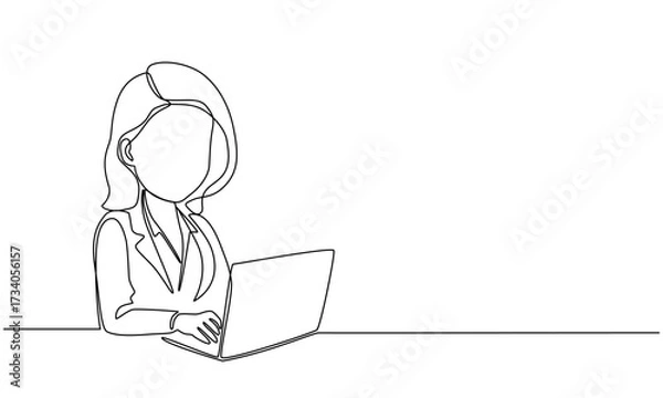 Fototapeta Woman with laptop computer in one continuous line drawing. Symbol of businesswoman and female student.vector illustration eps10