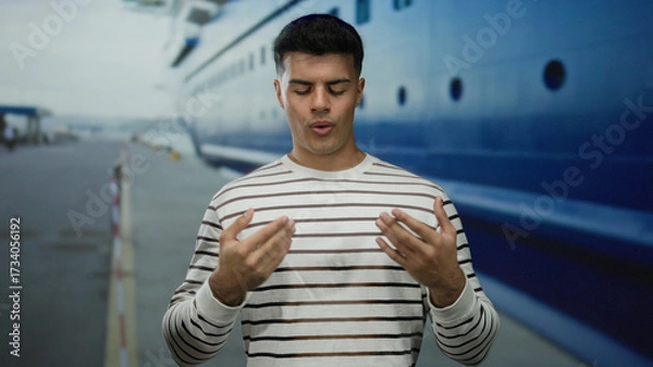 Obraz Man standing focused on breathing exercise by cruise liner at port, wearing striped shirt, closed eyes suggest relaxation, vivid depiction of mindfulness outdoors.