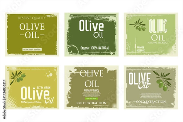 Obraz Olive oil retro green color label background grunge collection. Vector packaging design layout with Olives branch 