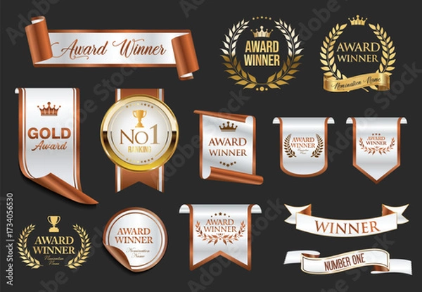 Obraz Premium and gold award emblem badges and ribbon silver and bronze isolated on gray background 