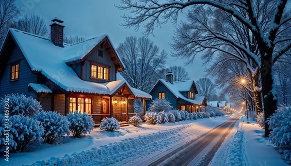 Obraz Snow-covered houses with warm lights on a winter evening street background
