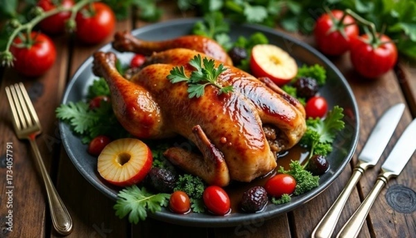 Obraz Roasted whole chicken with fruits and herbs for Christmas dinner on rustic table