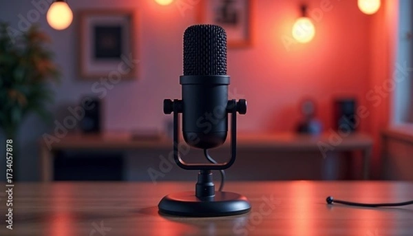 Obraz Podcast microphone on wooden desk with warm red studio lights background
