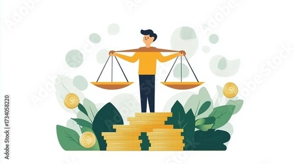 Fototapeta Person balancing income and expenses on a scale, symbolizing careful financial planning and resource management.
