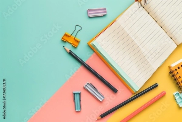 Fototapeta Flat lay of pencils, eraser, sharpener and open notebook on pastel background, minimal education mockup.