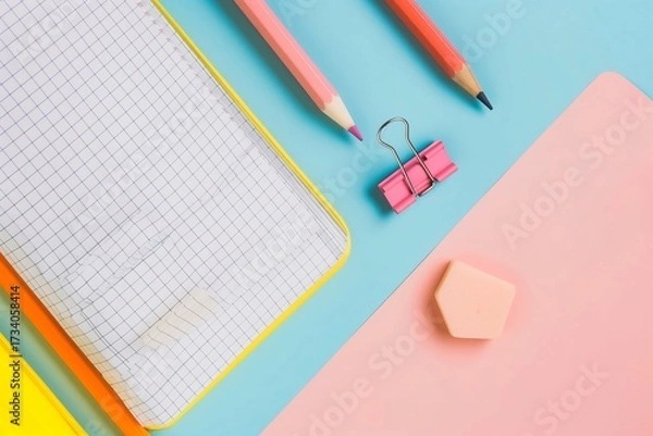 Fototapeta Flat lay of pencils, eraser, sharpener and open notebook on pastel background, minimal education mockup.