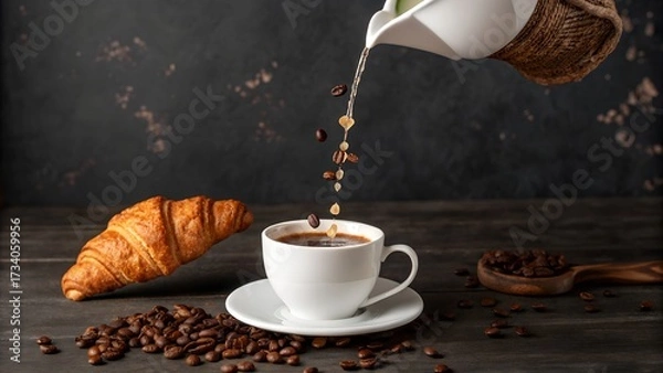 Fototapeta Generated image: A surreal shot of a coffee cup pouring liquid upwards into a floating croissant in zero gravity.
