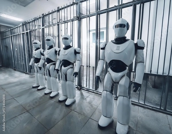 Fototapeta Robots guarding correctional facility cells in dystopian future